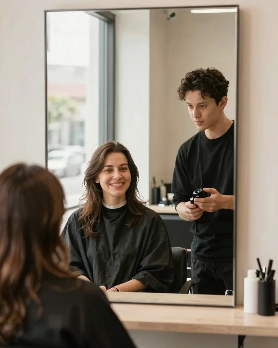 Editorial salon photograph in soft window daylight, a stylist and