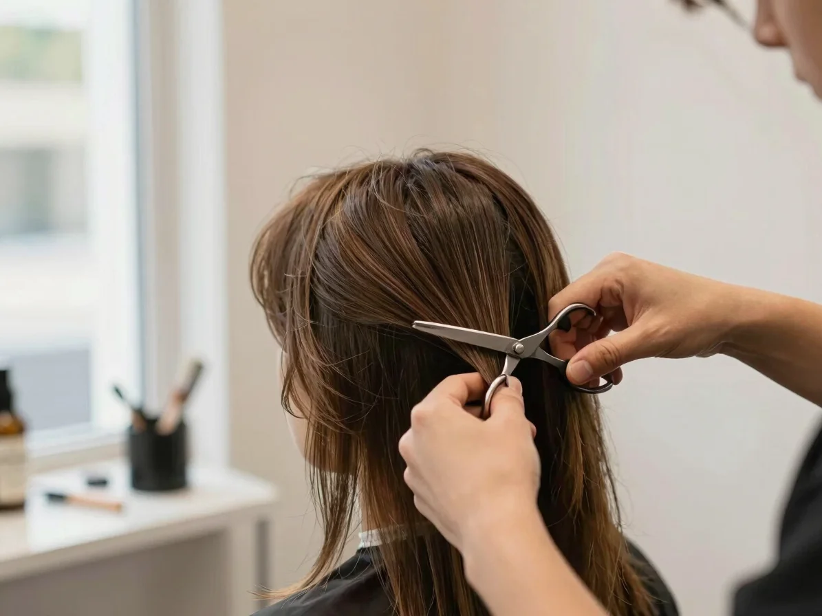 Editorial salon photograph, soft window daylight, a stylist's han
