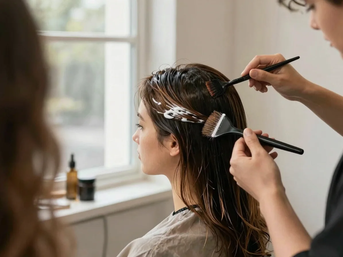 Editorial salon photograph, soft window daylight, a stylist apply