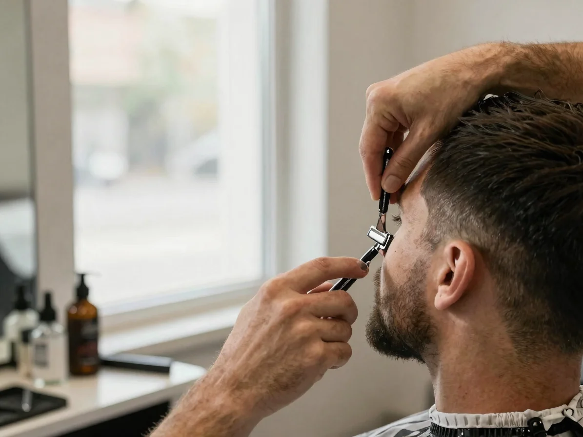 Editorial salon photograph, soft window daylight, a barber trimmi