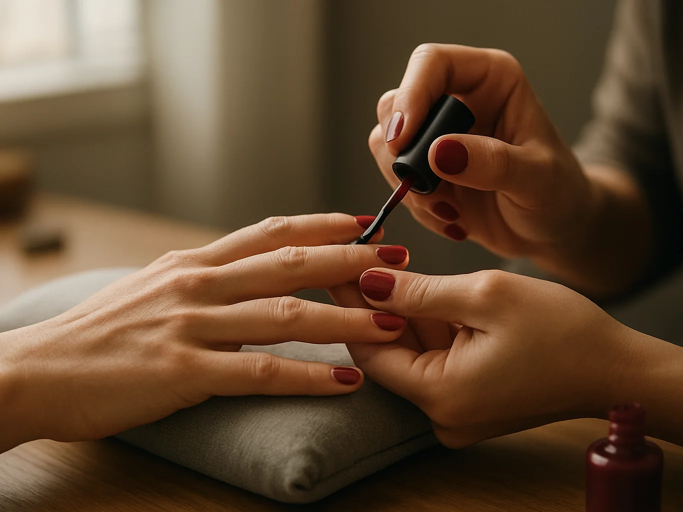Editorial salon photograph, soft window daylight, hands receiving