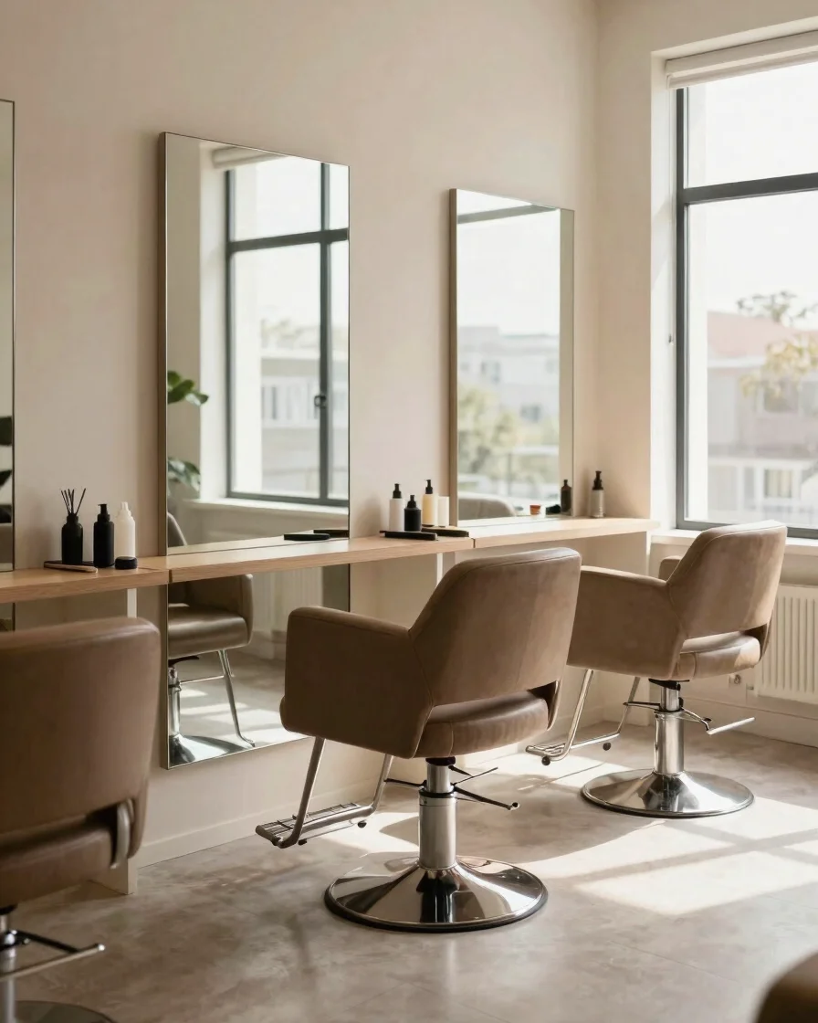 Editorial salon photography, soft window daylight, a clean salon interior with a styling chair and mirror, warm neutral