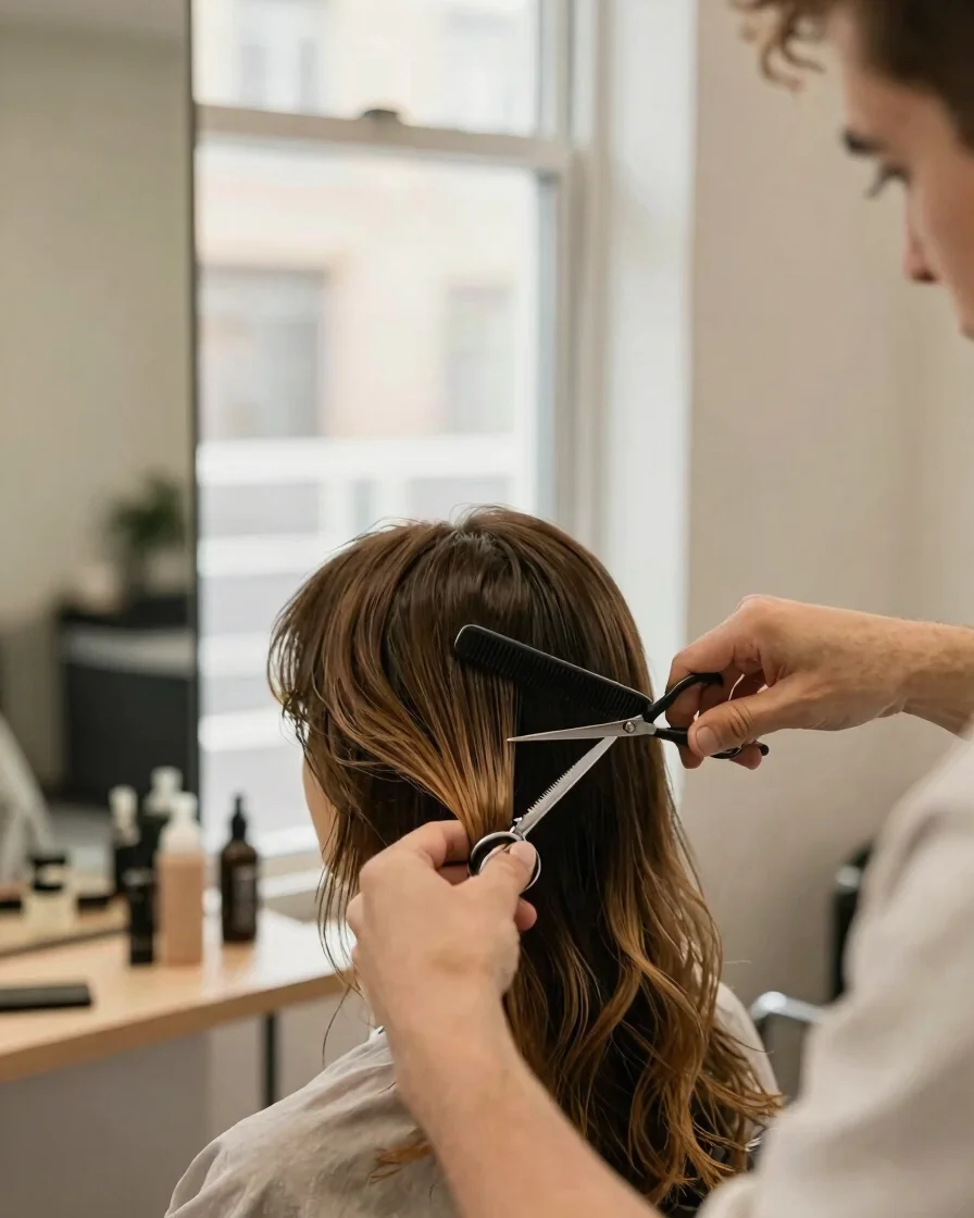 Editorial salon photograph in soft window daylight, a stylist's hands cutting a client's hair with scissors and comb, na